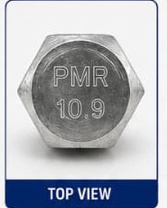 Top view of aluminium hex bolt head stamped PMR 10.9